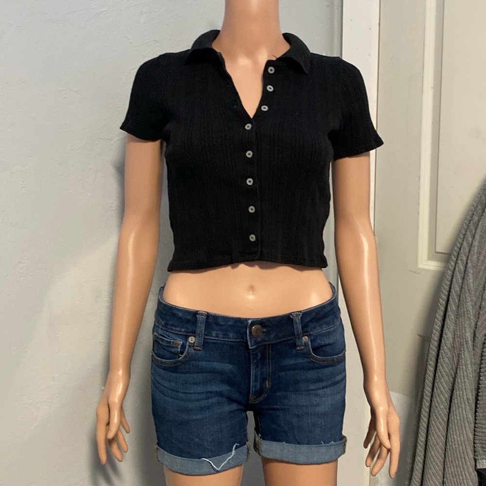John Galt Black Polo Button Down Cropped Tee